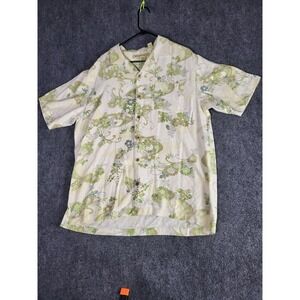 Tommy Bahama Silk Camp Shirt Floral Button Up Short Sleeve Cream‎ Green Men Sz L